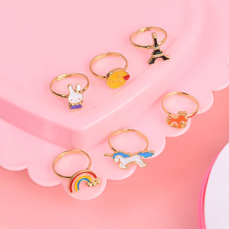 36PCS Children Adjustable Rings Girls Cute Pretend Play Makeup Toys Cartoon Jewelry Alloy Animal Enamel Ring Birthday Gift TMZ