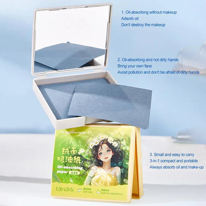 100pcs Matte Oil Blotting Papers with Powder Puff with  Case Mirror Portables Refreshing Facial Oil Blotting Sheets Paper Makeup