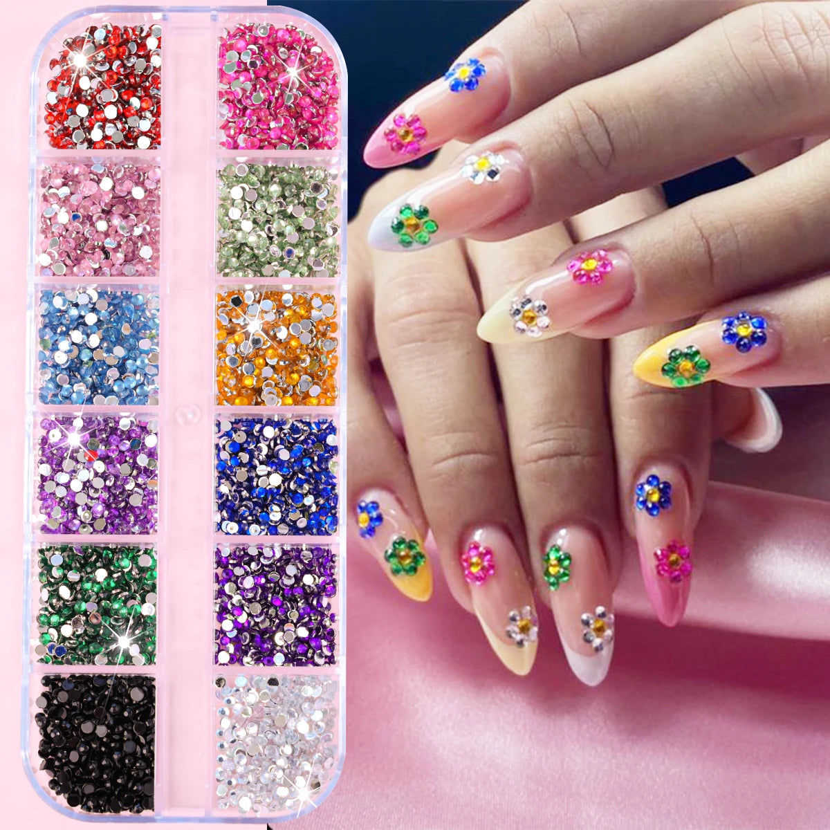 12Grids Mixed-Shape Crystal Nail Art Rhinestones Pink/Red Flatback Nail Gems Luxury Diamond Glass Stones Manicure Decoration