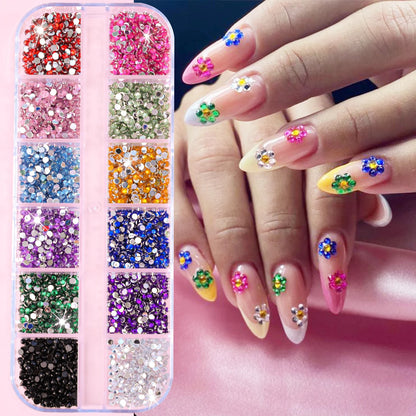 12Grids Mixed-Shape Crystal Nail Art Rhinestones Pink/Red Flatback Nail Gems Luxury Diamond Glass Stones Manicure Decoration