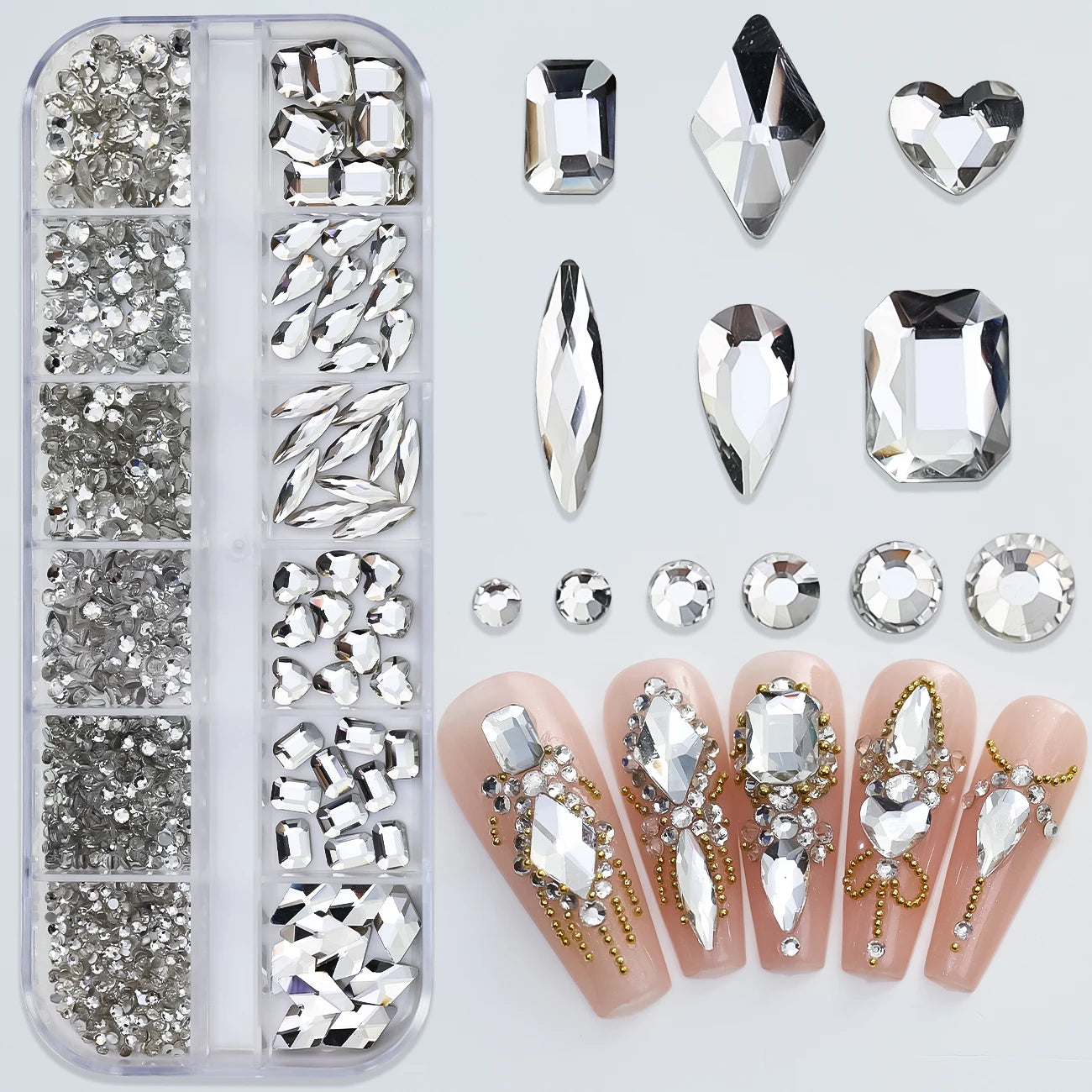 12Grids Mixed-Shape Crystal Nail Art Rhinestones Pink/Red Flatback Nail Gems Luxury Diamond Glass Stones Manicure Decoration