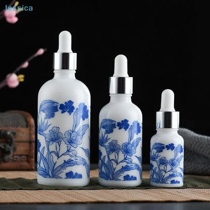 ♥Blue and White Floral Glass Dropper Bottles - Refillable Cosmetic Containers for Serum, Essence & Skincare Products