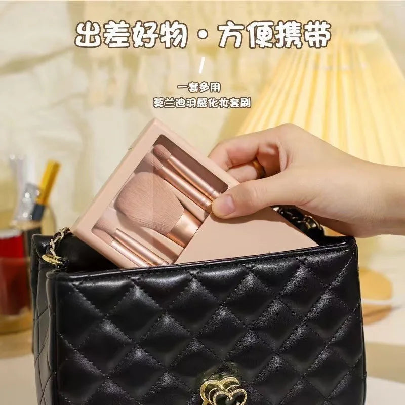 5Pcs Portable Makeup Brush Set With Mirror - Foldable Travel Kit ，Mini Makeup Brush Set Travel Makeup Brush Set