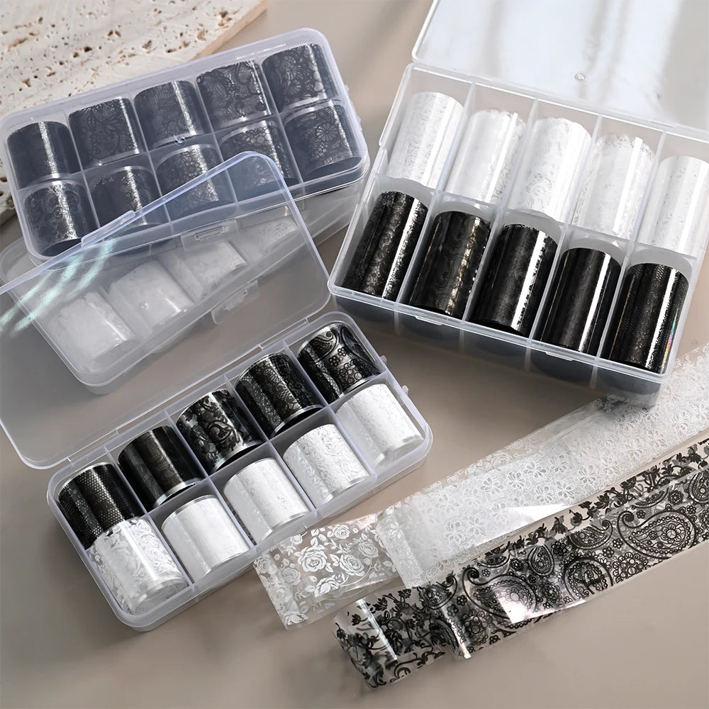 10 Rolls 2.5*50cm Black White Lace Nail Transfer Foil Lace Flower Nail Art Sexy Full Wraps Floral Transfer Paper Nail Decoration