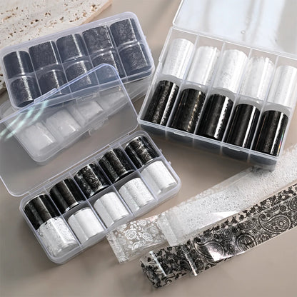 10 Rolls 2.5*50cm Black White Lace Nail Transfer Foil Lace Flower Nail Art Sexy Full Wraps Floral Transfer Paper Nail Decoration