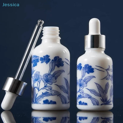 ♥Blue and White Floral Glass Dropper Bottles - Refillable Cosmetic Containers for Serum, Essence & Skincare Products