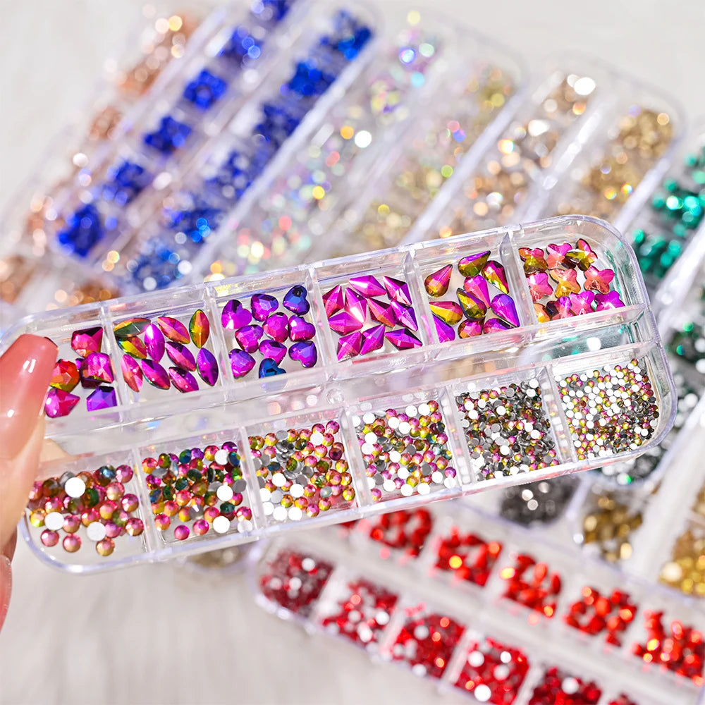 12Grids Mixed-Shape Crystal Nail Art Rhinestones Pink/Red Flatback Nail Gems Luxury Diamond Glass Stones Manicure Decoration