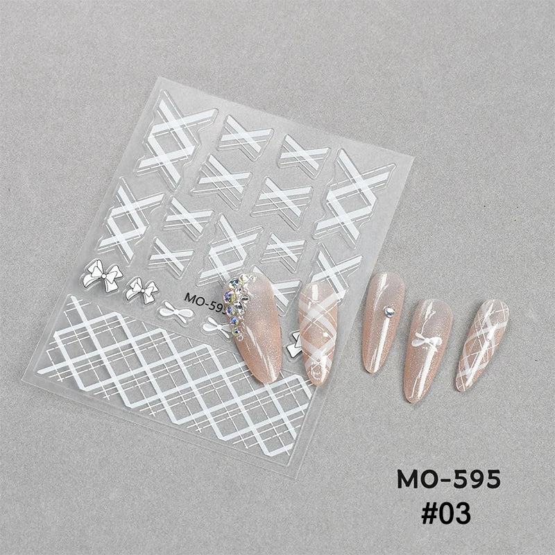 1pc Retro White Lace Bowknot Rose 5D Embossed Reliefs Heart Self Adhesive Nail Art Stickers Vintage Grid Pattern Manicure Decals