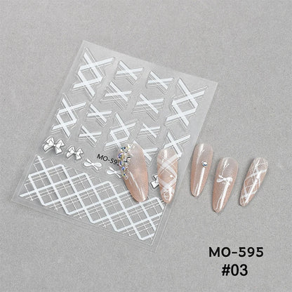 1pc Retro White Lace Bowknot Rose 5D Embossed Reliefs Heart Self Adhesive Nail Art Stickers Vintage Grid Pattern Manicure Decals