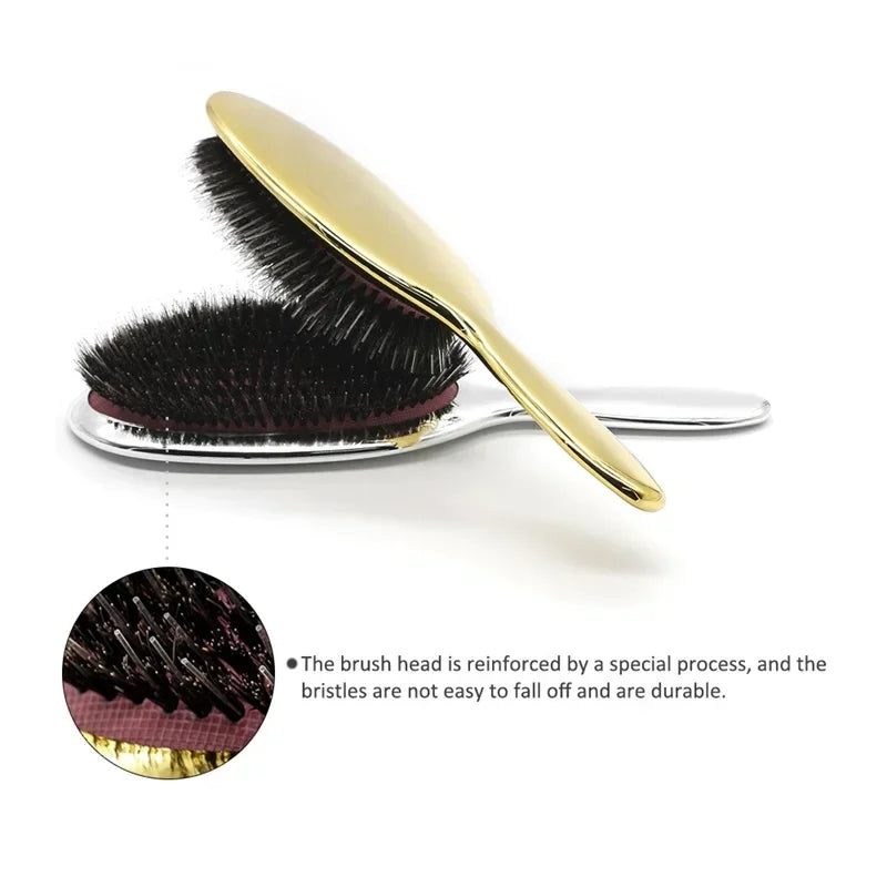 Premium Gold And Silver Boar Bristle Hair Brush Oval Paddle Anti Static Massage Comb For Hair Growth And Styling