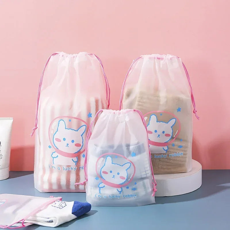 1pc Cute Cartoon Clear Drawstring Storage Bags Women Girls Transparent Bathroom Organizer Towel Brush Cosmetic Makeup Bags