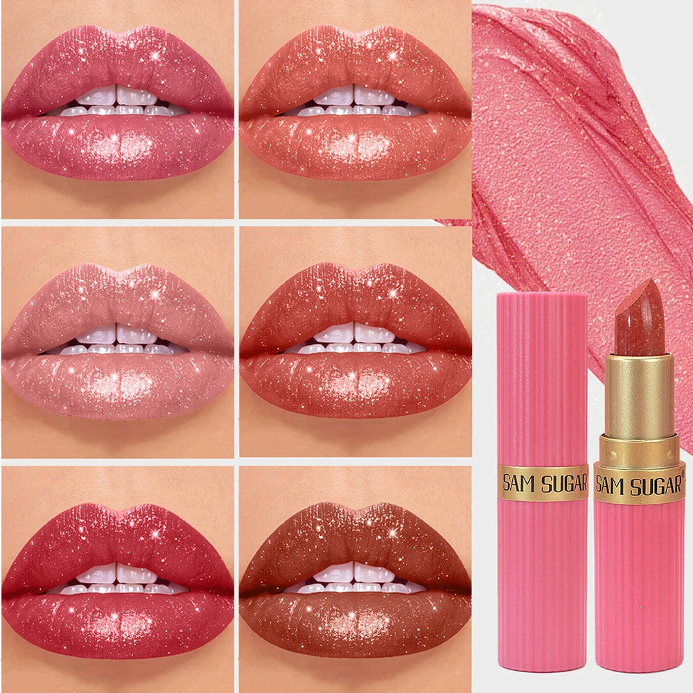 Diamond Glitter Lip Stick Waterproof Lasting Pearlescent Metallic Lip Balm Brown Lipgloss Women Lips Gloss Makeup Cosmetics