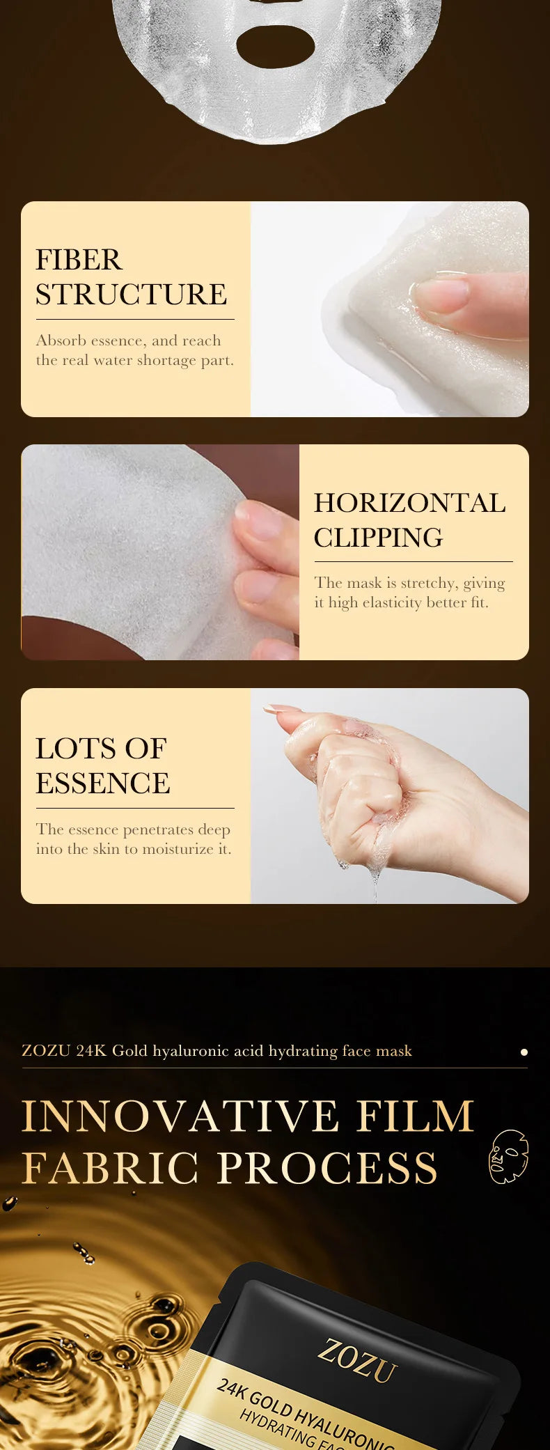 10pcs 24K Golden Hyaluronic Acid Face Mask Facial skincare Firming Moisturizing Hydrating Facial Masks Skin Care Products