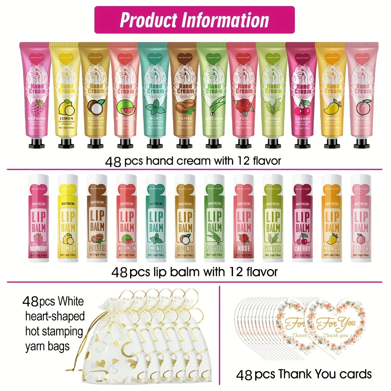 Gift set 48 sets/box, 12 kinds of scented lip balm and hand cream set with mesh bag and thank you card party gift