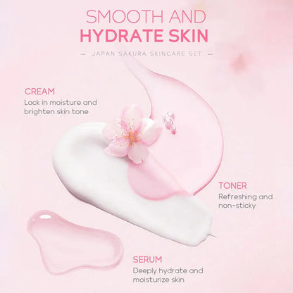 Sakura skin care sets with cleanser, serum, eye cream, facial cream, sunscreen beauty products for women, travel skin care kit