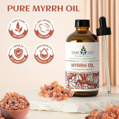 EVOKE OCCU Myrrh Essential Oils, 118ML/4 Fl.Oz. Pure Myrrh Oil for Body Relief Skin Care Humidifier Massage Candle Soap Making