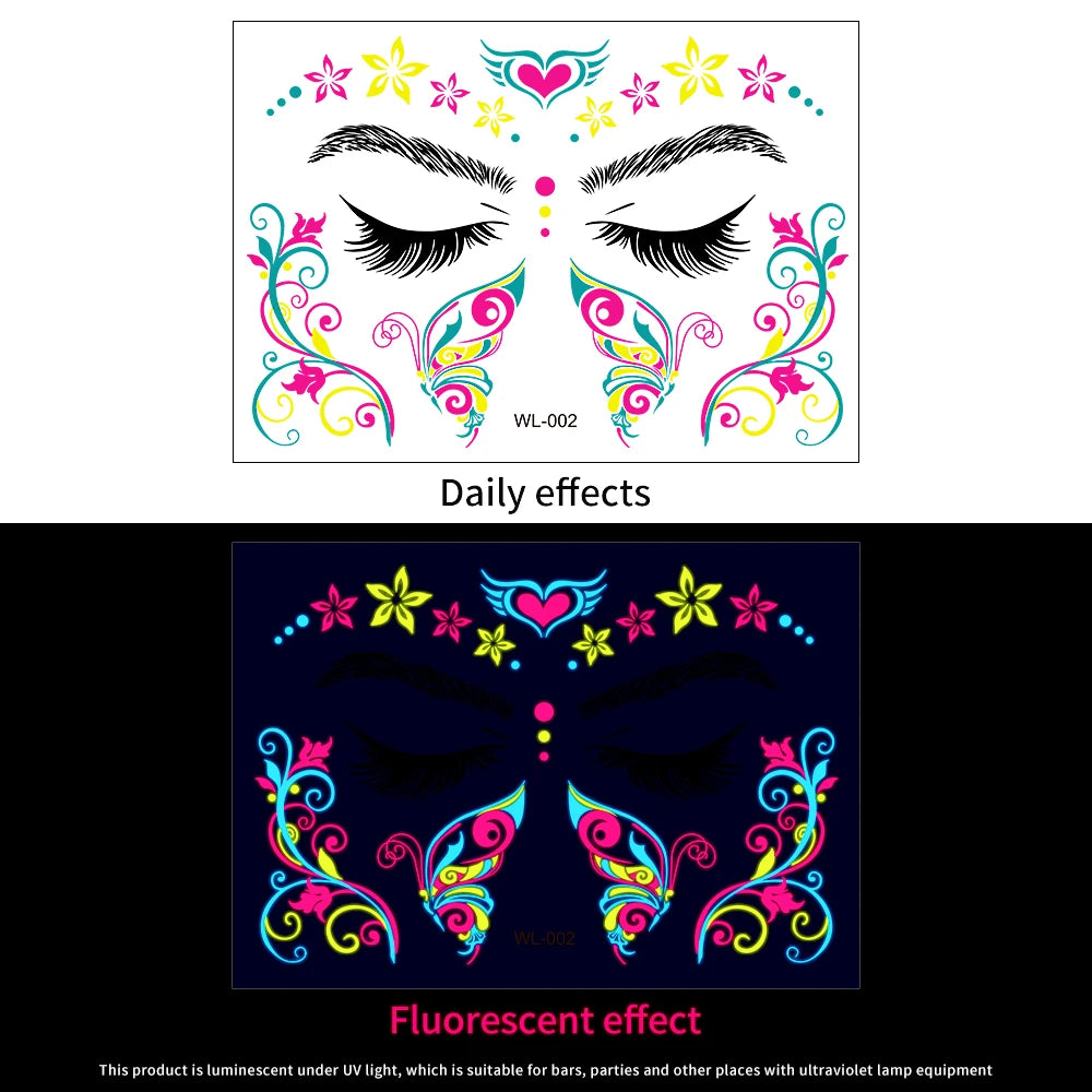 28Pcs Gold Glitter Powder Fluorescent Waterproof Face Tattoo 14x15cm Butterfly/Flowers Makeup Sticker DIY Party Neon Face Decal