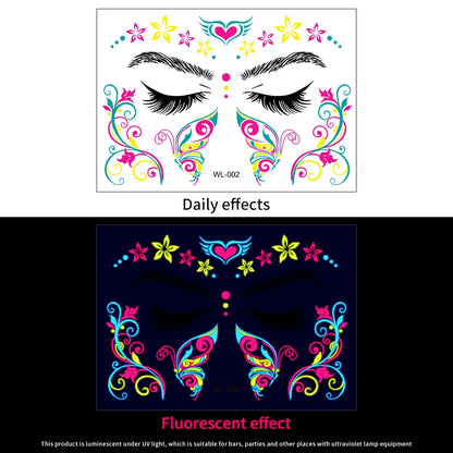 28Pcs Gold Glitter Powder Fluorescent Waterproof Face Tattoo 14x15cm Butterfly/Flowers Makeup Sticker DIY Party Neon Face Decal