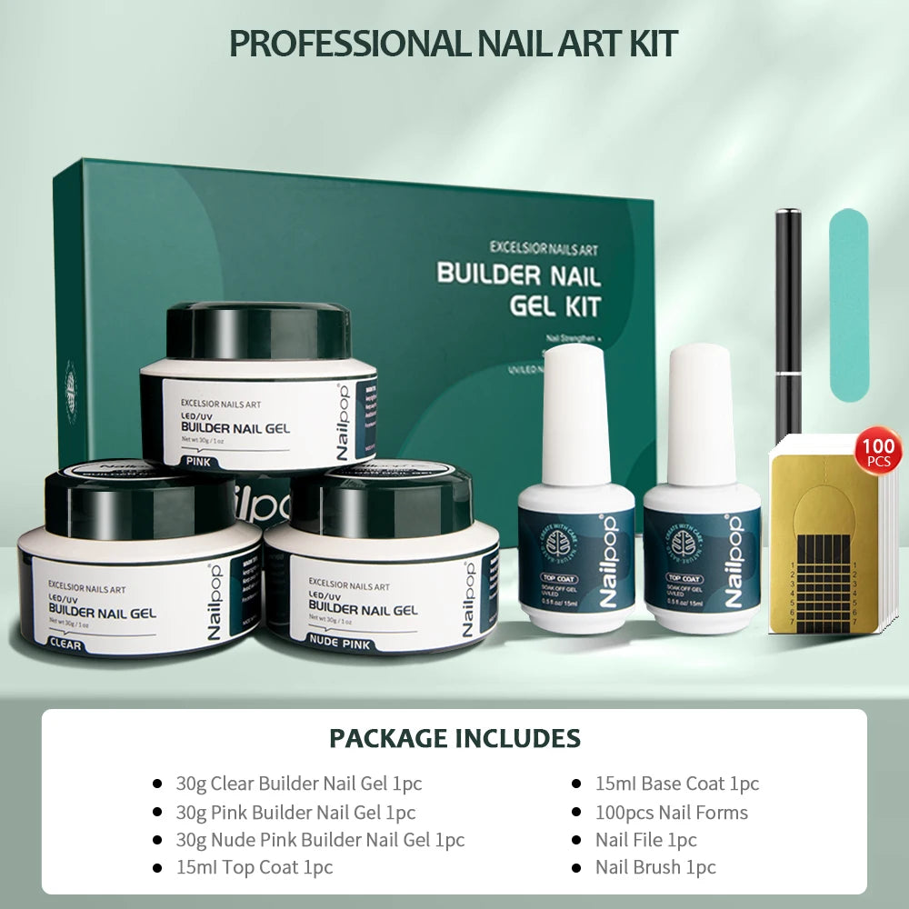 Nailpop Gel Builder Kit Pink Nude Clear 3 Colors 1 Set Professional Nail Art DIY Manicure Builder Gel Kit  Strong Nails