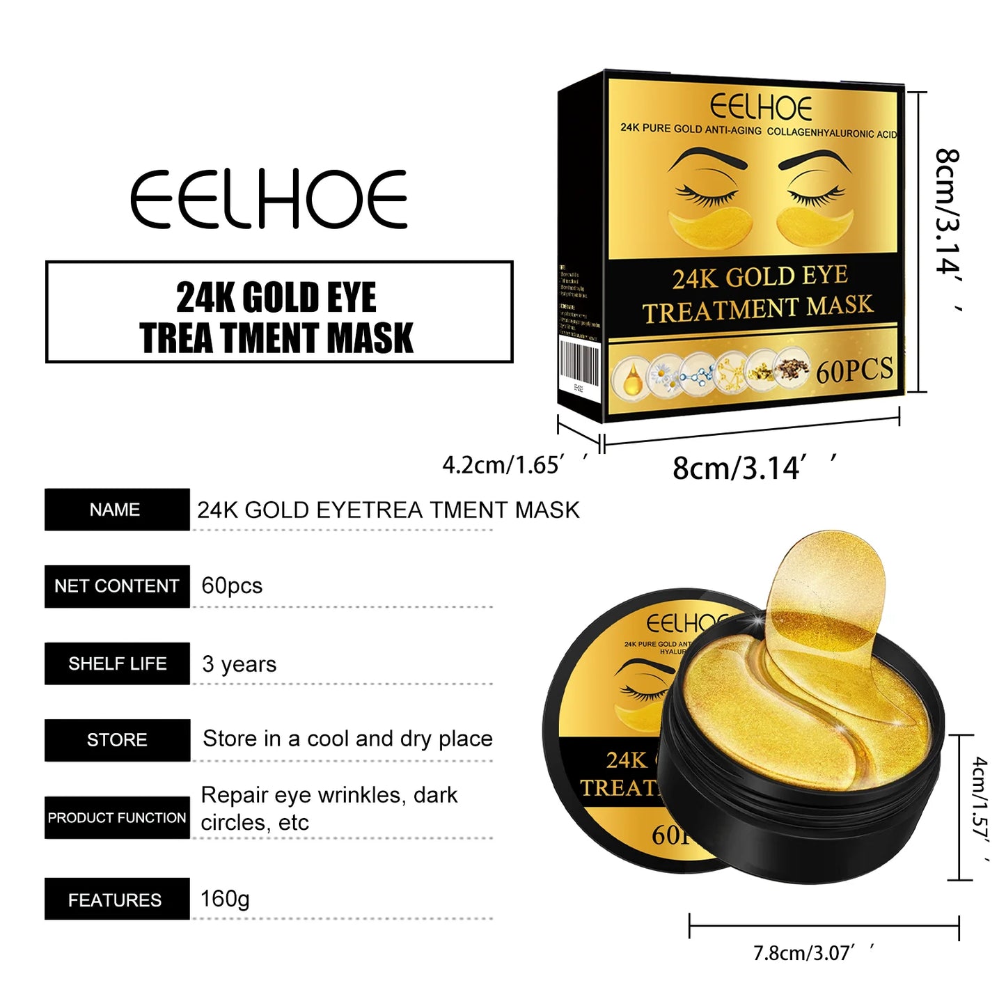 24K Gold Eye Treatment Mask Remove Dark Eye Circles Firming Fade Fine Lines Anti-Aging Hyaluronic Acid Collagen Under Eye Mask