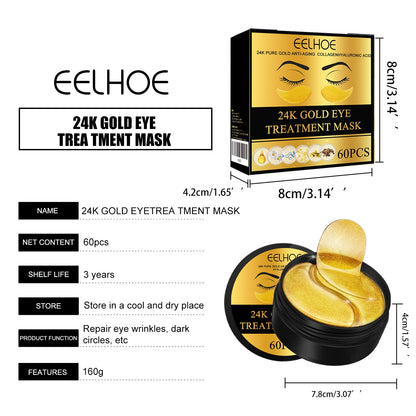 24K Gold Eye Treatment Mask Remove Dark Eye Circles Firming Fade Fine Lines Anti-Aging Hyaluronic Acid Collagen Under Eye Mask