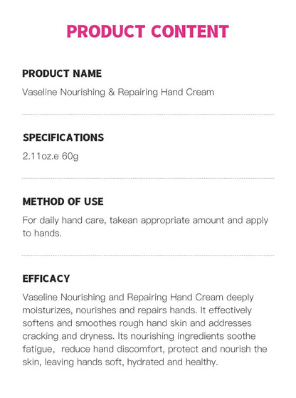 Vaseline Intensive Hand Cream Moisturizing Lotion Hydrating Nourishing Anti Chap Repairing Hands Care Beauty Skincare Hand Cream