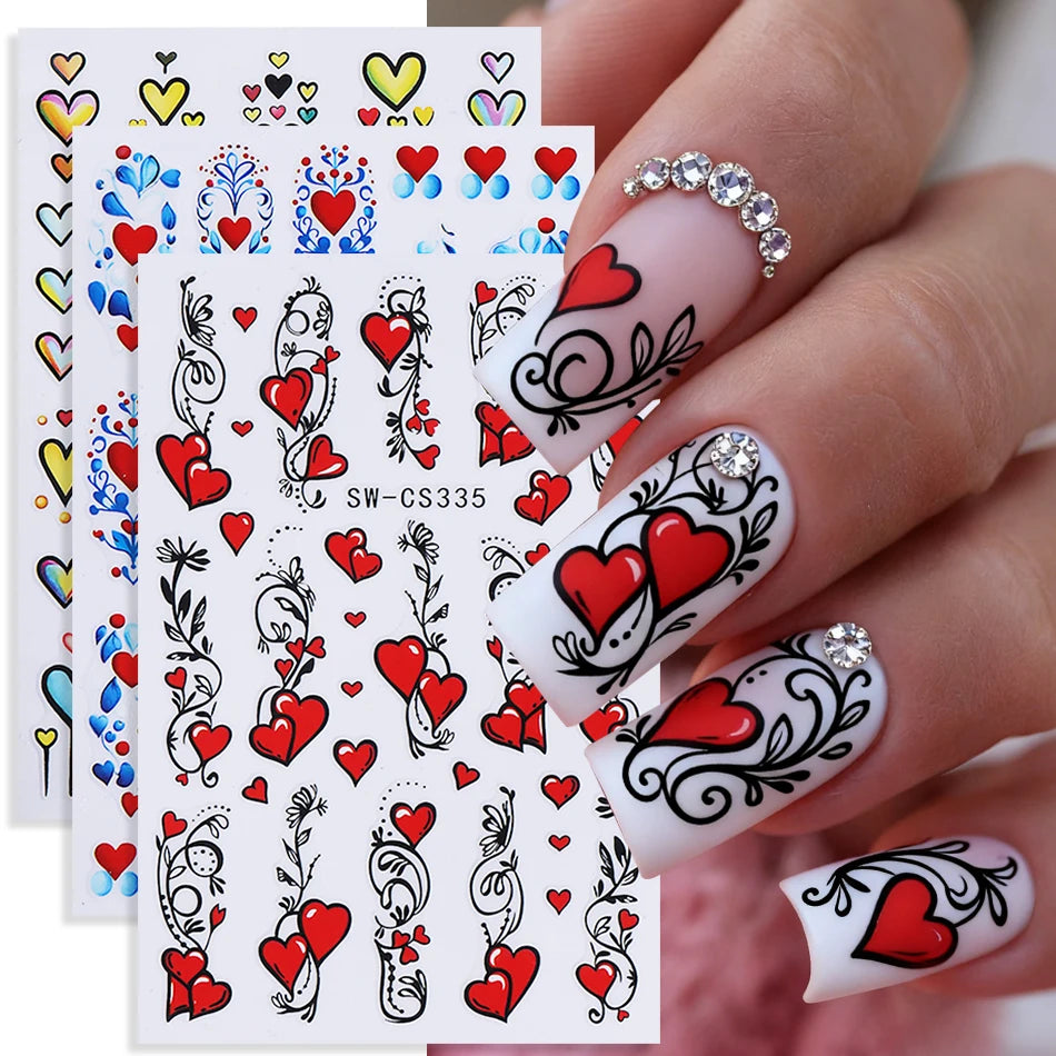 3pcs Valentine's Nail Art Stickers Red Love Heart Petals Leaf Simple Line Adhesive Nail Decals DIY Manicure Decoration Sliders