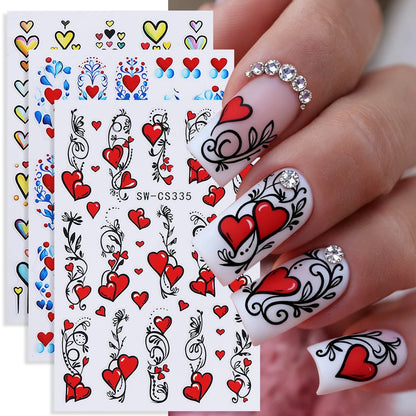 3pcs Valentine's Nail Art Stickers Red Love Heart Petals Leaf Simple Line Adhesive Nail Decals DIY Manicure Decoration Sliders