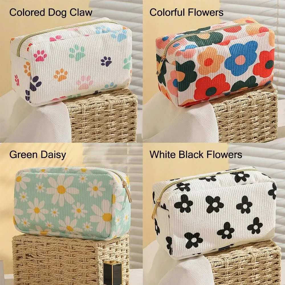 Trendy Large Capacity Corduroy Makeup Bag Travel Printed Toiletry Organizer Bag Makeup Brush Skincare Storage Bag for Women