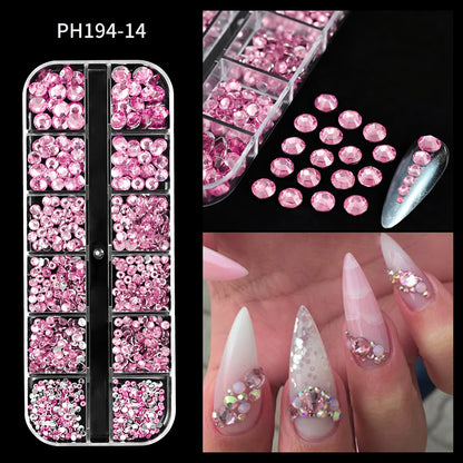 12Grids Mixed-Shape Crystal Nail Art Rhinestones Pink/Red Flatback Nail Gems Luxury Diamond Glass Stones Manicure Decoration