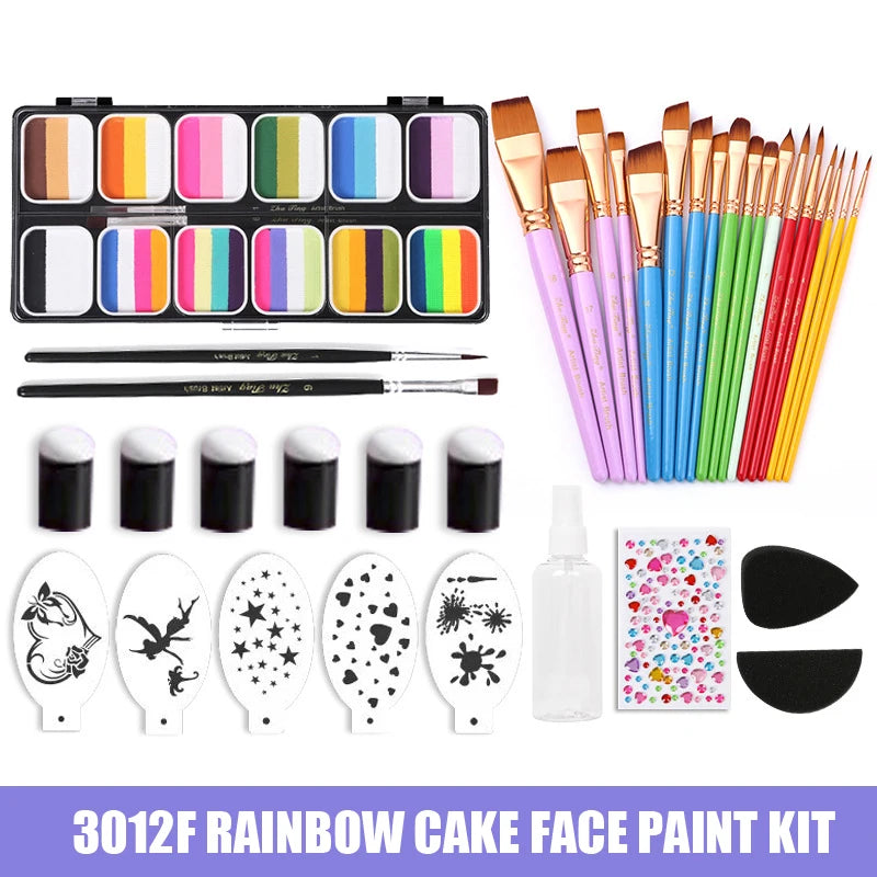 Professional Water Activated 12 Colors Rainbow Cake Face Painting Set With Brush Body Art Makeup Kit For Kids Halloween Chrismas