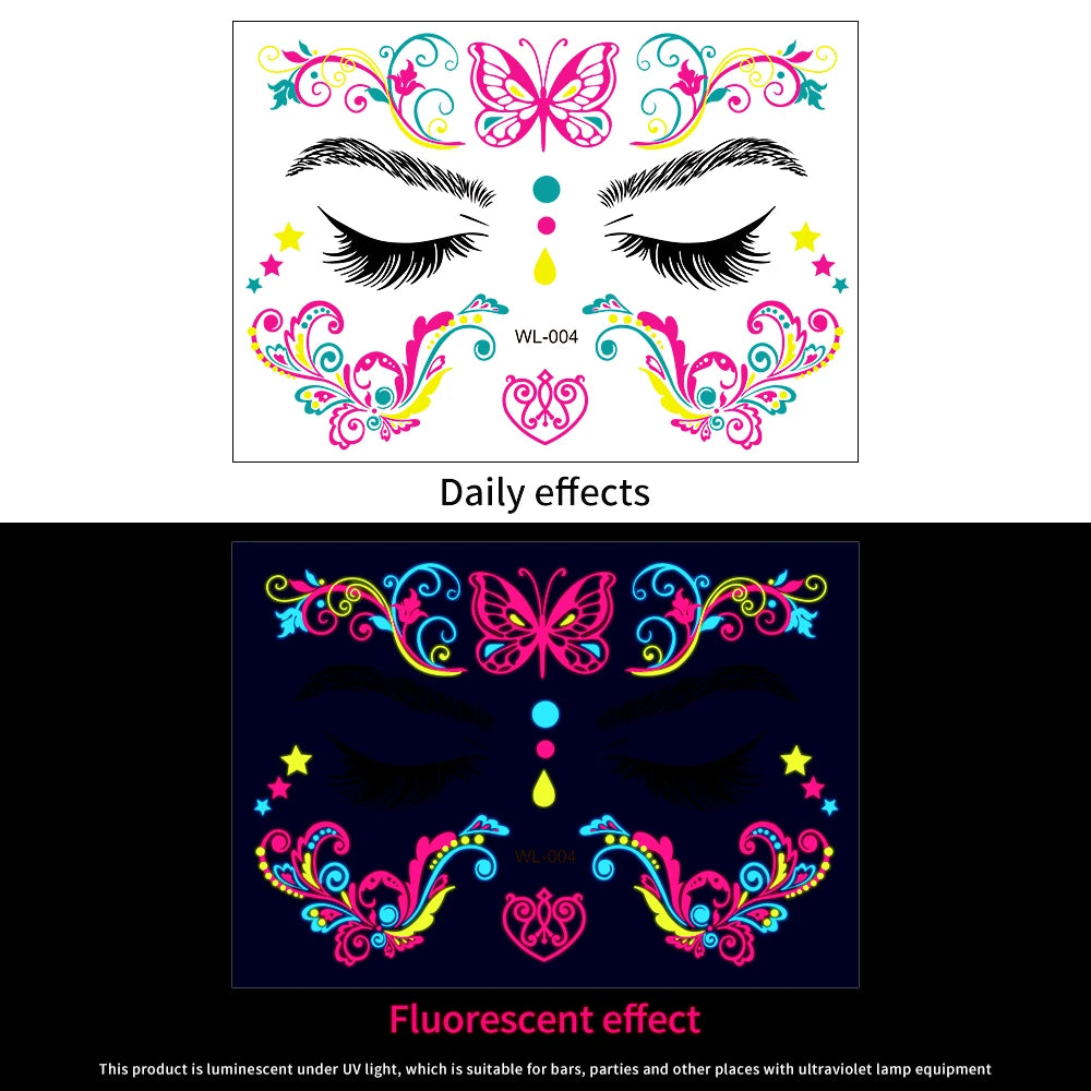 28Pcs Gold Glitter Powder Fluorescent Waterproof Face Tattoo 14x15cm Butterfly/Flowers Makeup Sticker DIY Party Neon Face Decal