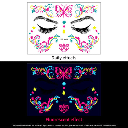 28Pcs Gold Glitter Powder Fluorescent Waterproof Face Tattoo 14x15cm Butterfly/Flowers Makeup Sticker DIY Party Neon Face Decal