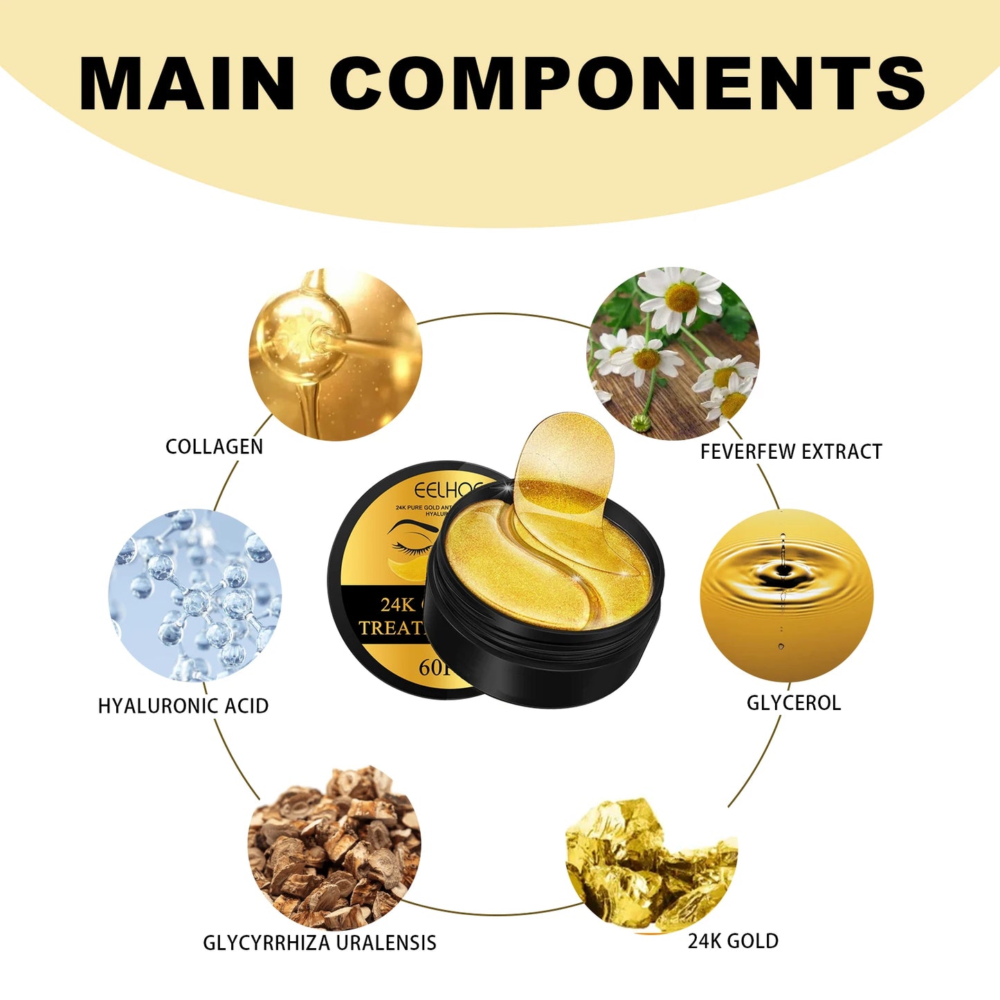 24K Gold Eye Treatment Mask Remove Dark Eye Circles Firming Fade Fine Lines Anti-Aging Hyaluronic Acid Collagen Under Eye Mask