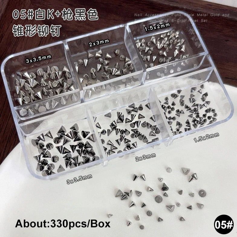 Gun Black Square Rivet Metal Round Ball Cone Alloy Fork Spoon Punk Stars Bowknot Pearl Nail Art Accessories Decorations Manicure