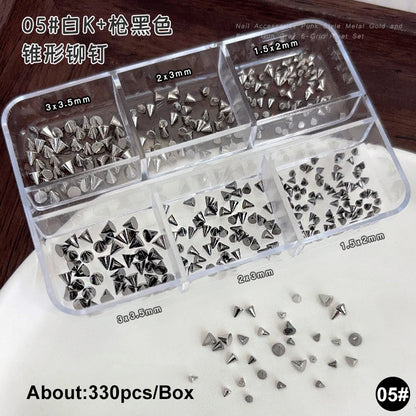 Gun Black Square Rivet Metal Round Ball Cone Alloy Fork Spoon Punk Stars Bowknot Pearl Nail Art Accessories Decorations Manicure