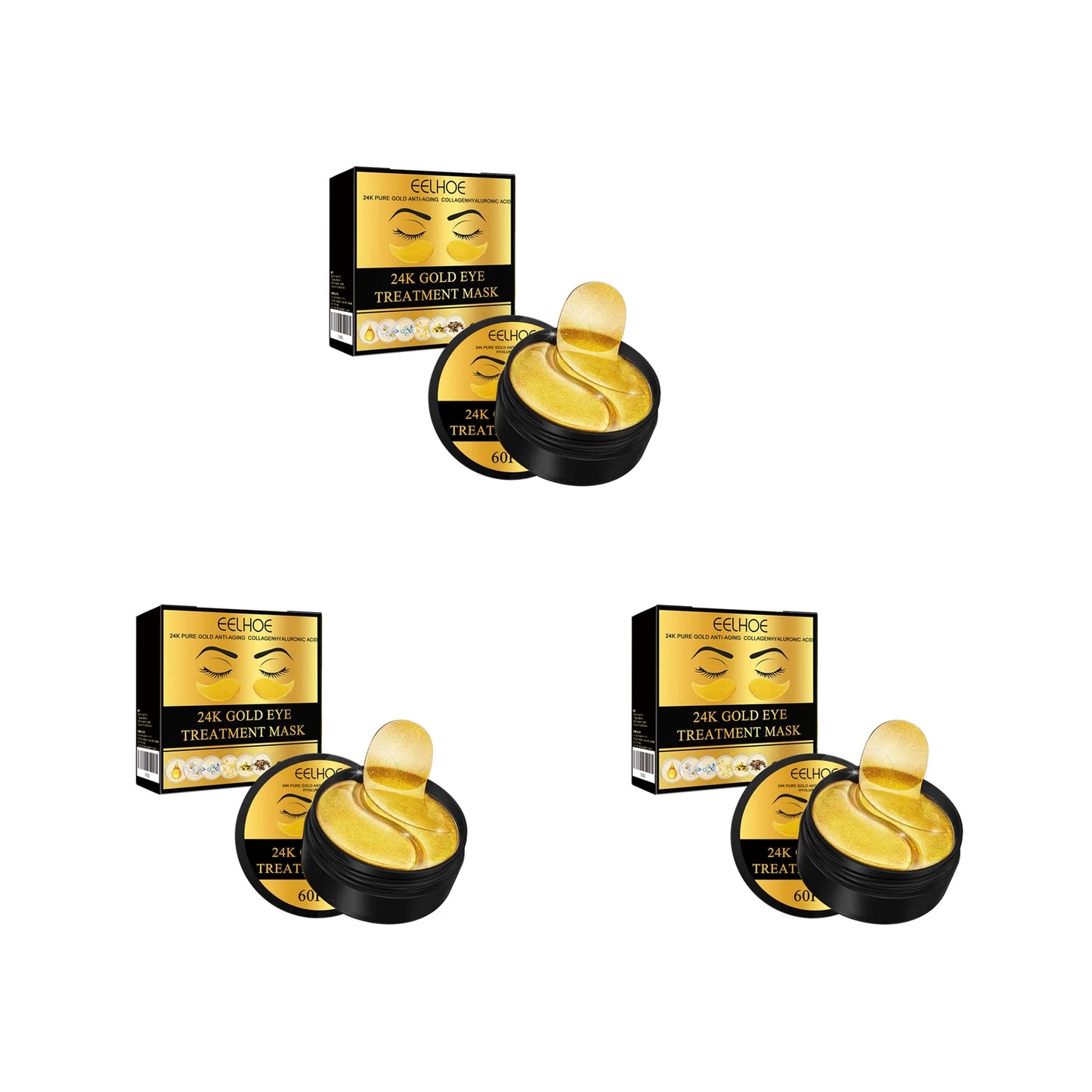 24K Gold Eye Treatment Mask Remove Dark Eye Circles Firming Fade Fine Lines Anti-Aging Hyaluronic Acid Collagen Under Eye Mask