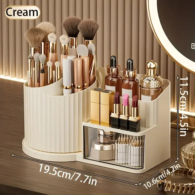 360° Rotating Makeup Organizer with Brush Holder & Drawer Desktop Large Capacity Skincare Cosmetic Tools Lipstick Display Cases
