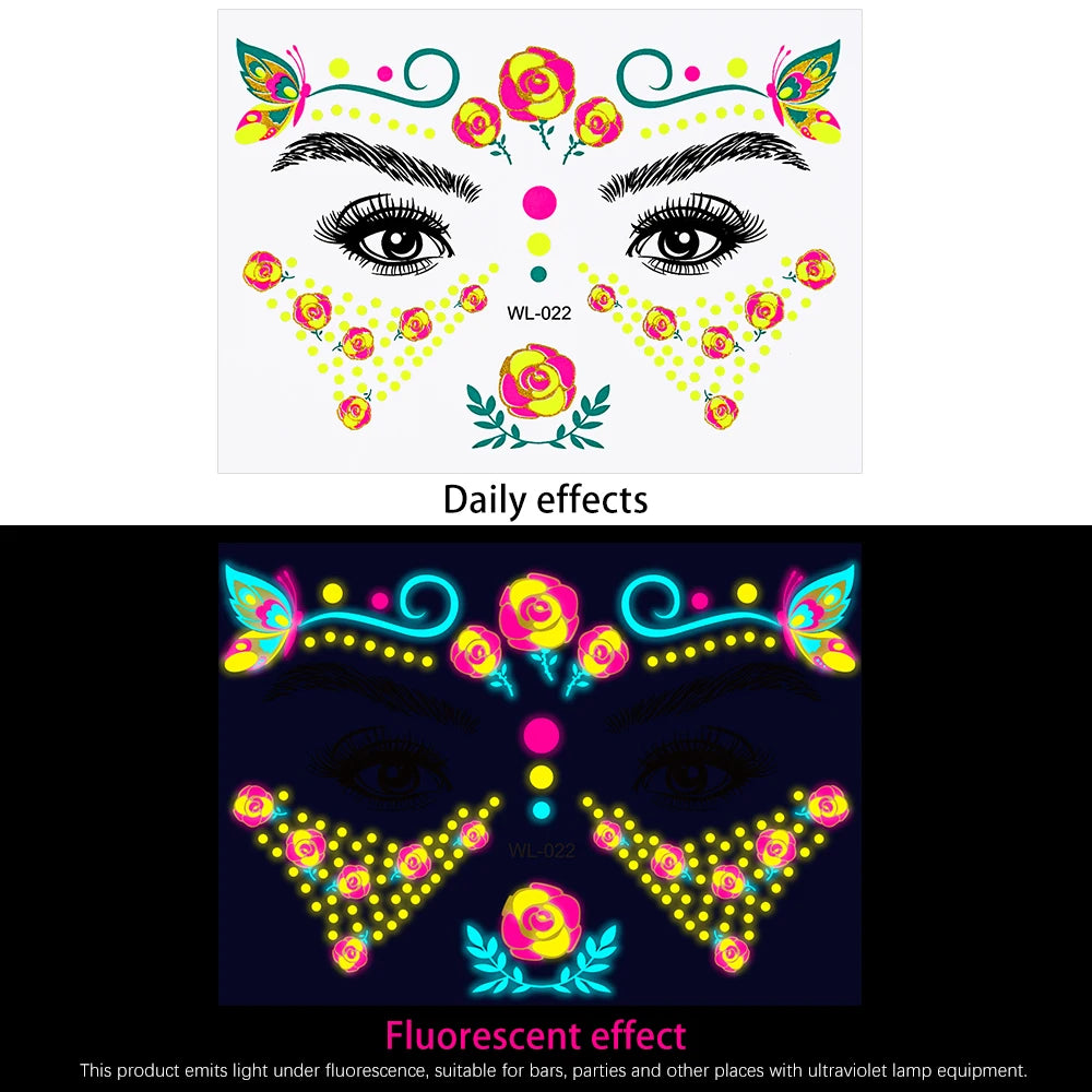 28Pcs Gold Glitter Powder Fluorescent Waterproof Face Tattoo 14x15cm Butterfly/Flowers Makeup Sticker DIY Party Neon Face Decal