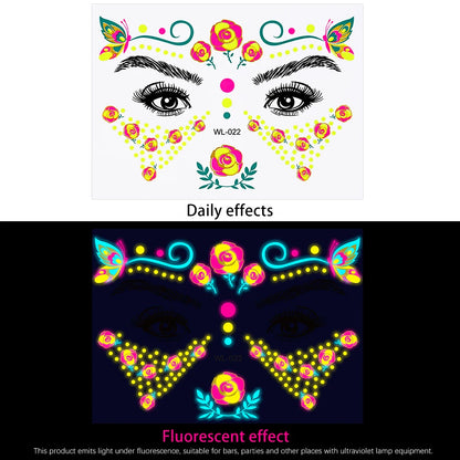 28Pcs Gold Glitter Powder Fluorescent Waterproof Face Tattoo 14x15cm Butterfly/Flowers Makeup Sticker DIY Party Neon Face Decal