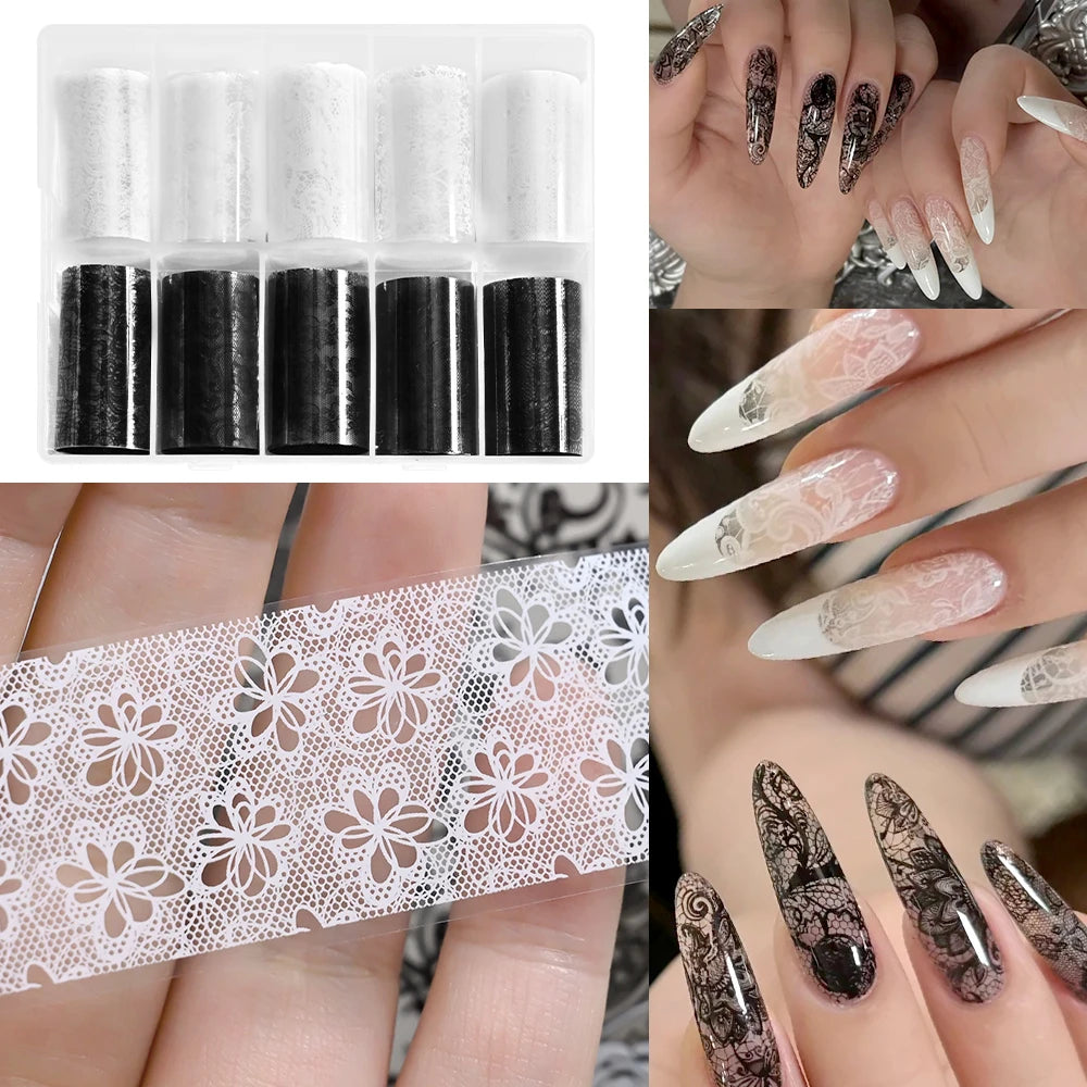 10 Rolls 2.5*50cm Black White Lace Nail Transfer Foil Lace Flower Nail Art Sexy Full Wraps Floral Transfer Paper Nail Decoration