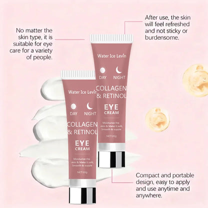 Collagen Retinol Eye Cream. Day Night Formula. Moisturizes Hydrates Deeply. Smooths Firms Eye Area. Soft Supple Skin. 20g.