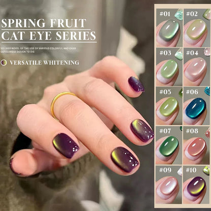 12ML 2025 New Guava Cat Eye Nail Gel Polish - Grape Green Shade with Whitening Effect, Dual-Light Glass Bead Cat Eye Finish