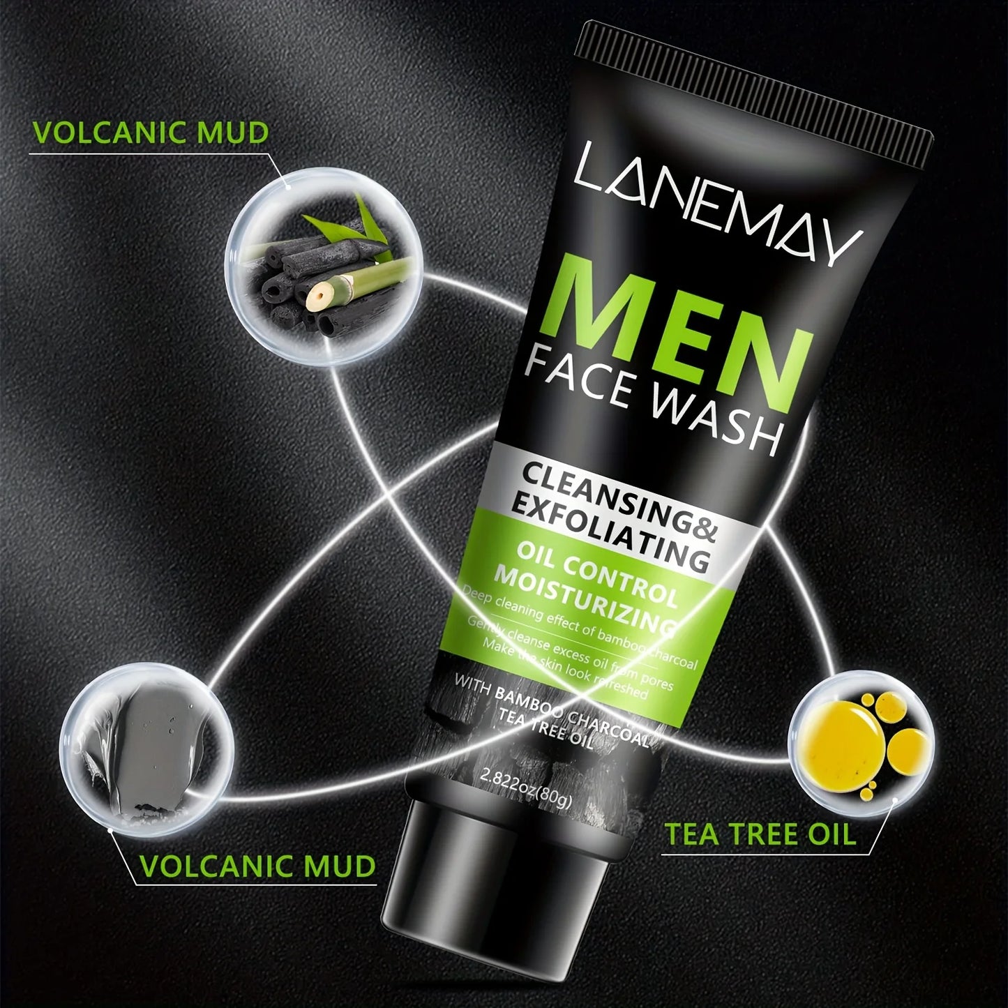 Men Face Wash with Volcanic Mud - Deeply Cleanse Oil from Pores, Control Oil and Exfoliate, Refreshing Face, Moisturize the Face