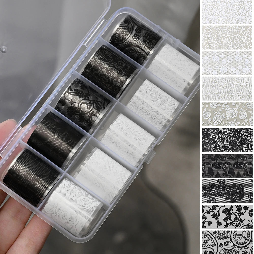 10 Rolls 2.5*50cm Black White Lace Nail Transfer Foil Lace Flower Nail Art Sexy Full Wraps Floral Transfer Paper Nail Decoration