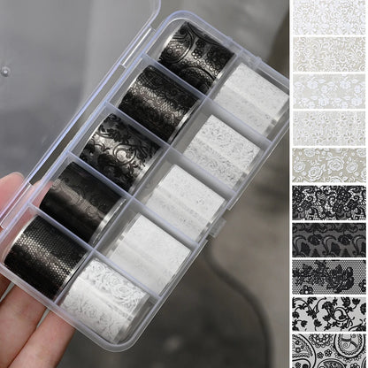10 Rolls 2.5*50cm Black White Lace Nail Transfer Foil Lace Flower Nail Art Sexy Full Wraps Floral Transfer Paper Nail Decoration