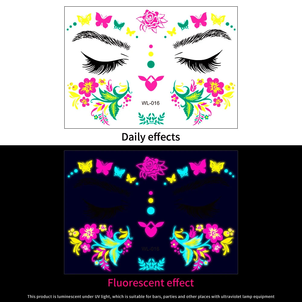 28Pcs Gold Glitter Powder Fluorescent Waterproof Face Tattoo 14x15cm Butterfly/Flowers Makeup Sticker DIY Party Neon Face Decal