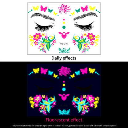 28Pcs Gold Glitter Powder Fluorescent Waterproof Face Tattoo 14x15cm Butterfly/Flowers Makeup Sticker DIY Party Neon Face Decal