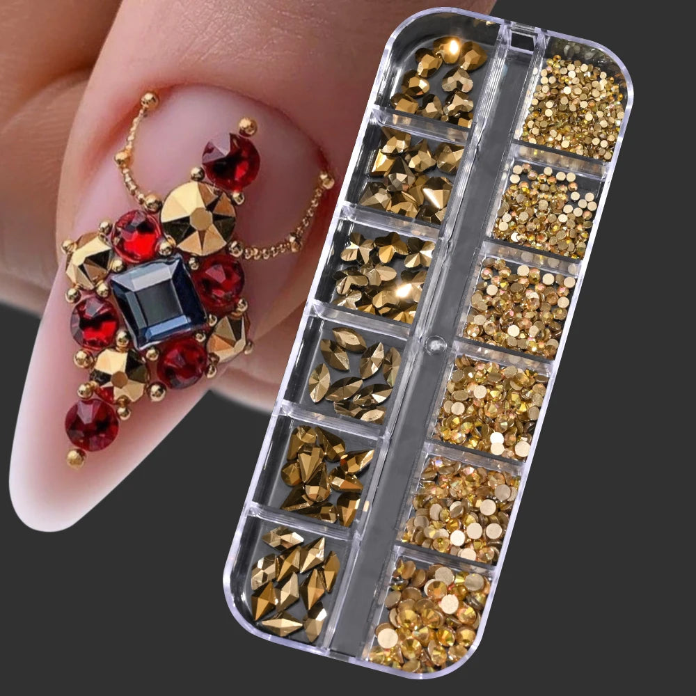 12Grids Mixed-Shape Crystal Nail Art Rhinestones Pink/Red Flatback Nail Gems Luxury Diamond Glass Stones Manicure Decoration