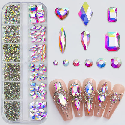 12Grids Mixed-Shape Crystal Nail Art Rhinestones Pink/Red Flatback Nail Gems Luxury Diamond Glass Stones Manicure Decoration